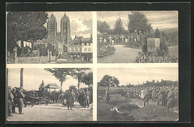 CPA Noyon, Friedhof, l'Église, des soldats am Grab
