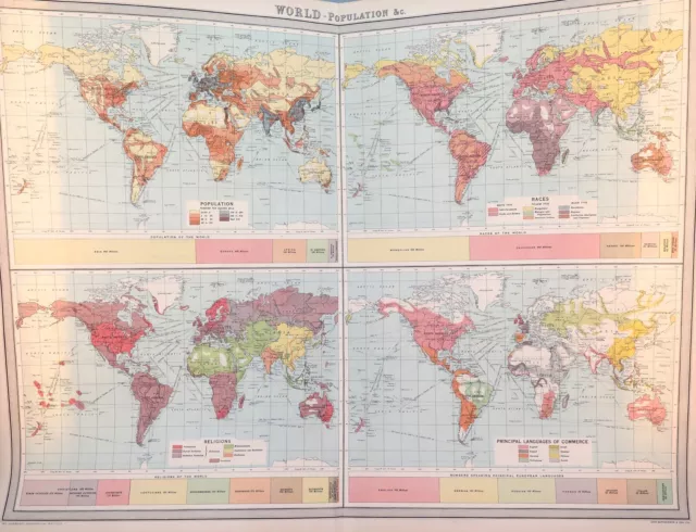 .1922 INTERESTING LARGE MAP of THE WORLD. POPULATION, RACES, RELGION & LANGUAGES