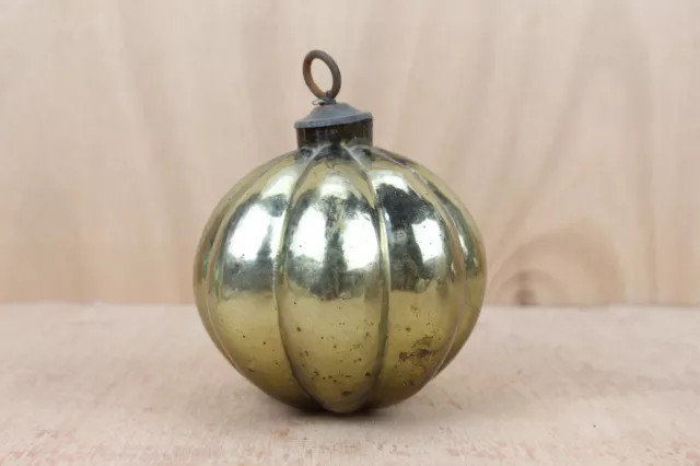 Antique German Kugel Glass Ball: Gold Mercury Pumpkin Shape, Christmas Decor