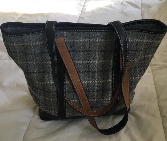 COACH Vintage Grey Plaid Wool/Leather Tote Bag Purse-9399