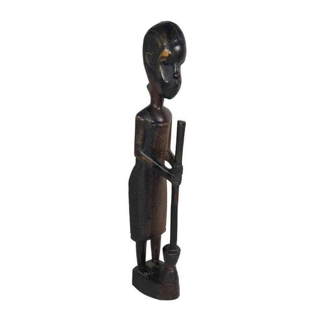 VTG Carved Ironwood Wood African Woman Statue 14" Tribal Folk Primitive Broom