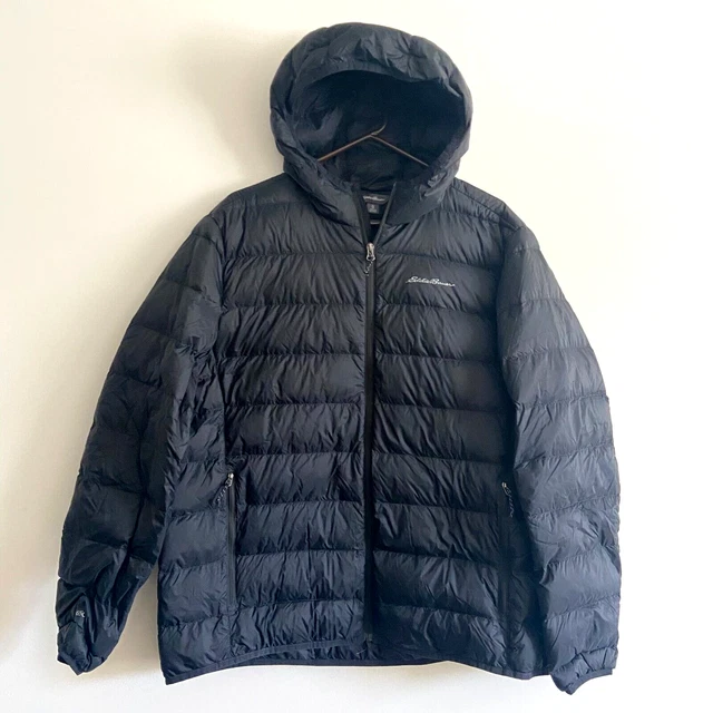 Eddie Bauer Mens Size XL Black 80% Down Quilted Hooded Full Zip Puffer Jacket