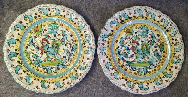 2 Italy Hand Painted 10" Plates Grazia Deruta Green Roosters Italy Majolica