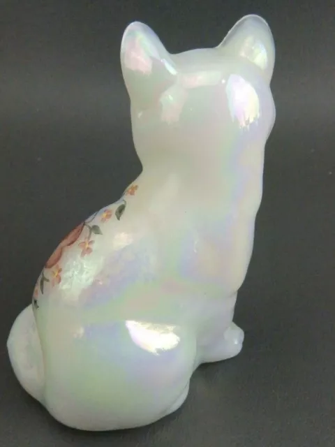 Fenton Glass White Iridescent Cat Heart & Roses Hand Painted Figurine Signed 3