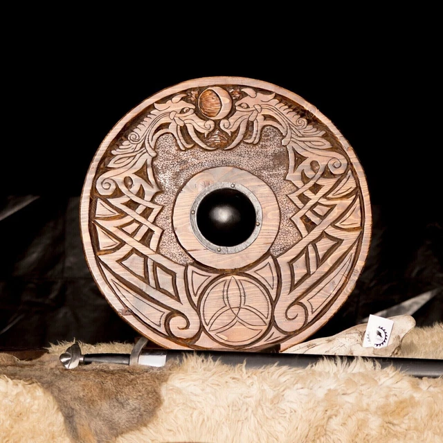 Hand Carved Viking Shield with Steel Boss - Authentic, Wooden, Medieval LARP