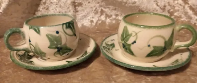 2 x Purbeck Pottery Sponge Ware Ivy Leaf & Berries Design Small Cups & Saucers