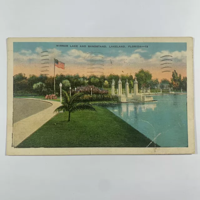 Postcard Florida Lakeland FL Mirror Lake Bandstand 1939 Posted Linen
