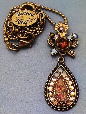 Michal Negrin Victorian Bow & Tear Pendant Earth Tones Crystals Ribbon Necklace