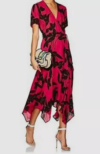 A.L.C. Women's Pink Floral V Neck Short Sleeve Silk A Line Midi Dress Sz 2