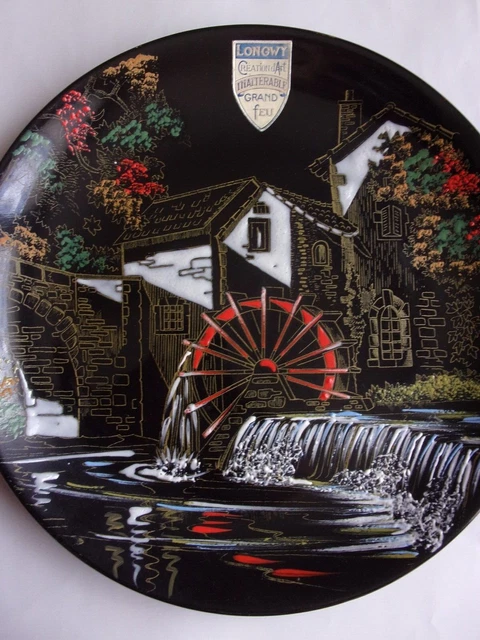 Ancienne Assiette Décorative Emaux Longwy Noire Grand Feu Moulin Décor Main