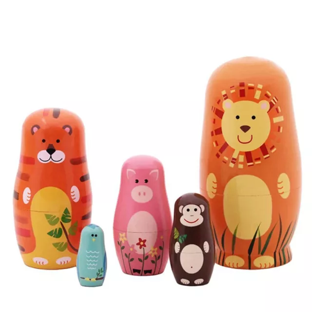 5Pcs Cartoon Animal Dolls Wooden Russian Nesting Babushka Matryoshka Toy Gift