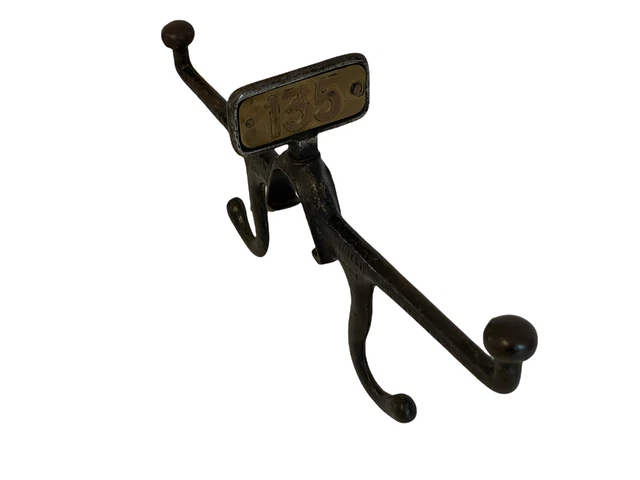 Double Vintage School Cloakroom Locker Room Cast Iron Coat Hooks Brass Numbers