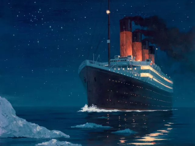 Beautiful oil painting seascape big ship Titanic with iceberg in moon night 36"
