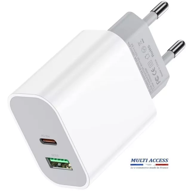 Chargeur USB C / USB-A Rapide 20 W Secteur 2 Ports iPhone Galaxy Huawei PD / QC3