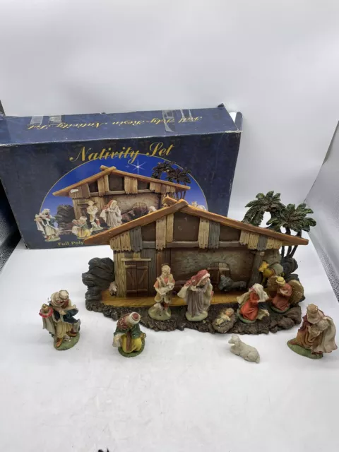 Vintage Polyharz Krippe Set stabil und 9 Figuren Mary Joseph Manger Jesus