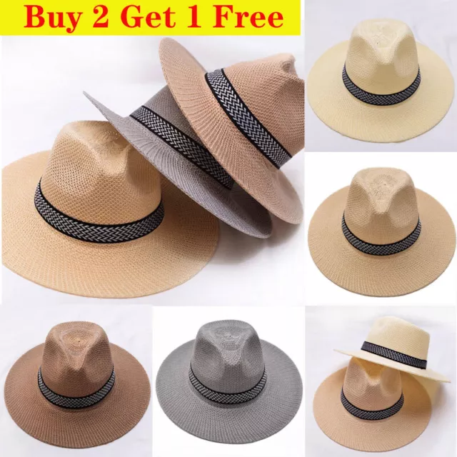 Da Uomo Donna Paglia Jazz Cappello Fedora Trilby Cubano Sole Panama Tesa Stret ☽