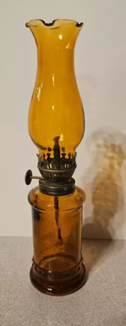Vintage  Amber  Glass Kerosene Oil Lamp 9-3/8” Tall Hong Kong
