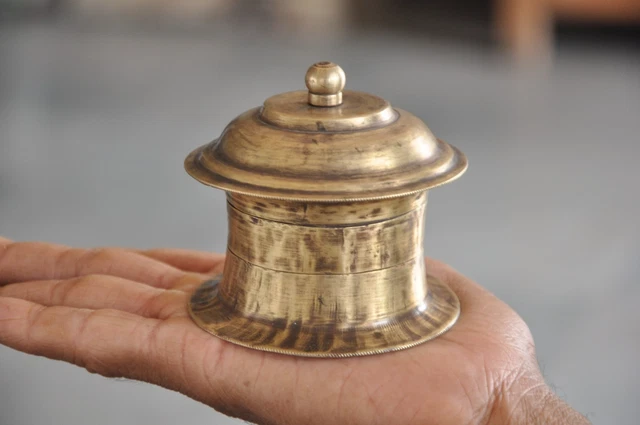 Old Brass Handcrafted Unique Shape Kumkum Powder Box With Mirror