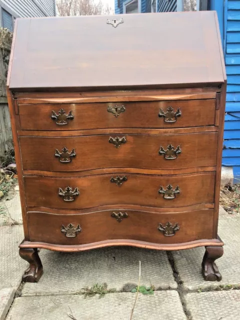 Mahogany Secretary Desk Slant Top Curved Front Drawers Lion Feet 39"H x 30.25"W