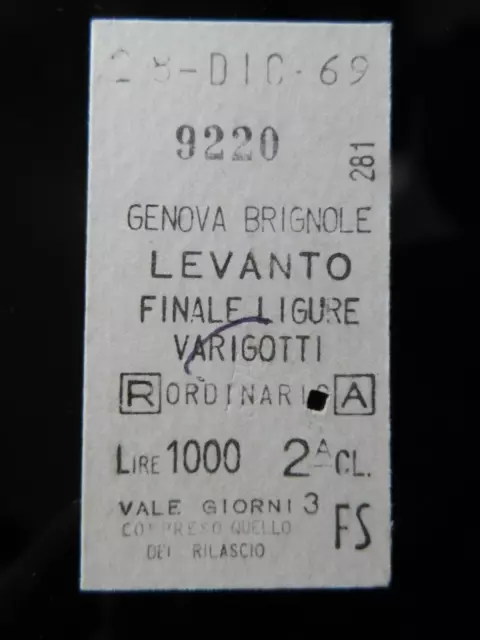 13.1.1) Biglietto Treno 8/12/1969 Genova Levanto Finale Ligure Varigotti