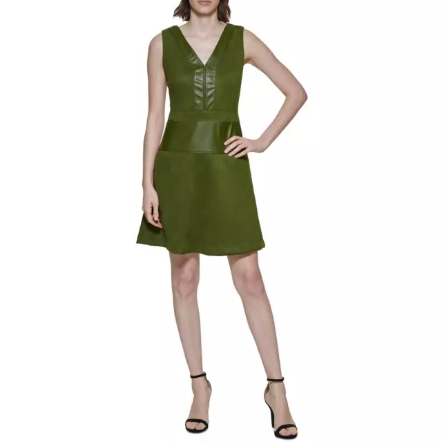 DKNY Womens Faux Suede V-Neck Mini Fit & Flare Dress BHFO 7273