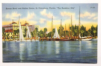 St Petersburg FL Postcard 1940s Florida Vintage Boats Harbor