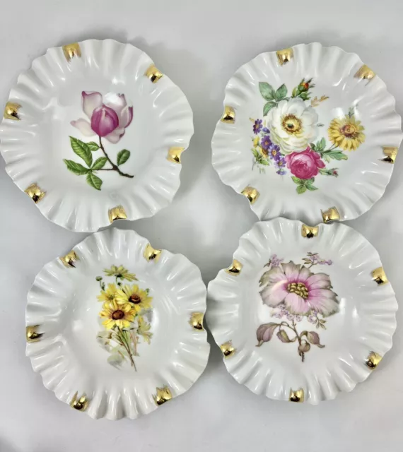 Scalloped  Floral Dish Set Of 4 Mitterteich   Bavaria Germany Gold Highlights