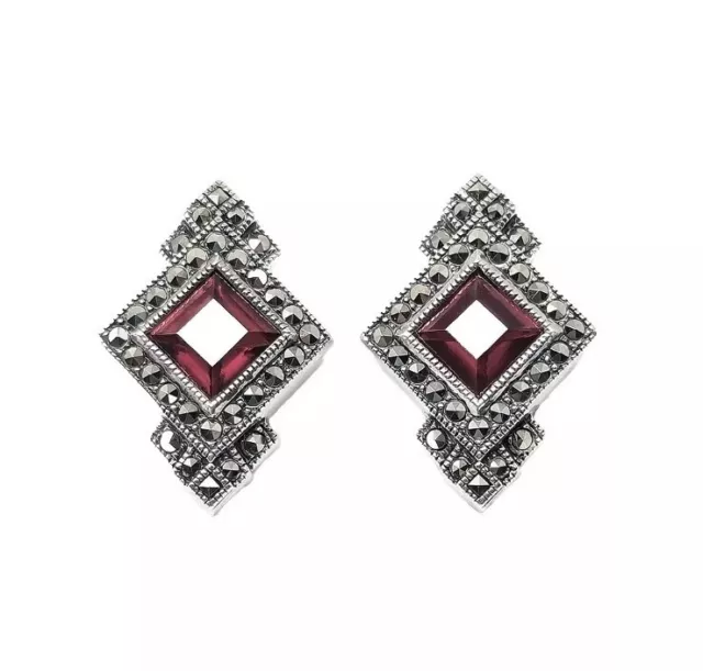 Vintage Judith Jack sterling silver 925 marcasite red garnet clip earrings