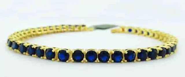 BLUE SAPPHIRES  12.60 Cts TENNIS BRACELET 14k YELLOW GOLD PLATED - Made in USA