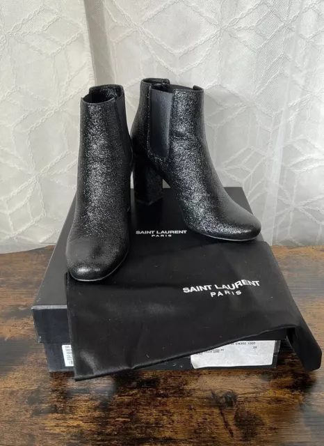 YSL Yves Saint Laurent Black Leather Babies 90 Chelsea Verni Heel Boots Booties