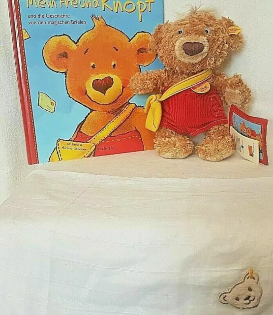 Steiff 014444 - Teddybär Knopf 25cm braun KFS + Buch "Mein Freund Knopf" NEU