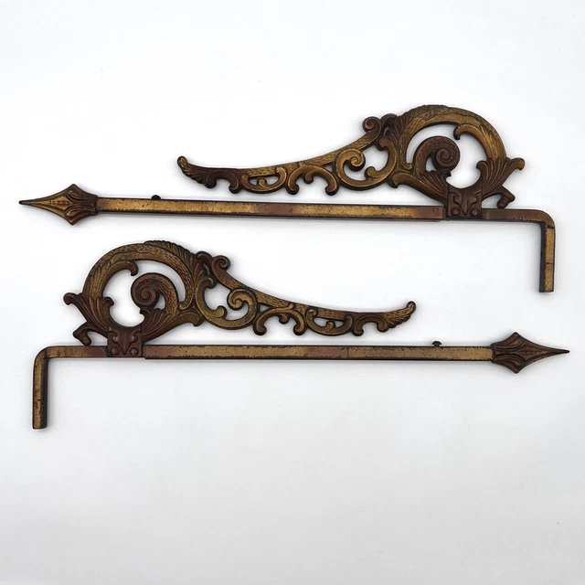 Pair Ornate Swing Arm Drapery Curtain Rods Cast Iron Brass Color Extendable