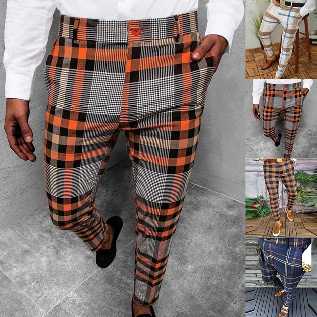 Mens Formal Tartan Smart Trousers Plaid Check Casual Office Work Business Pants