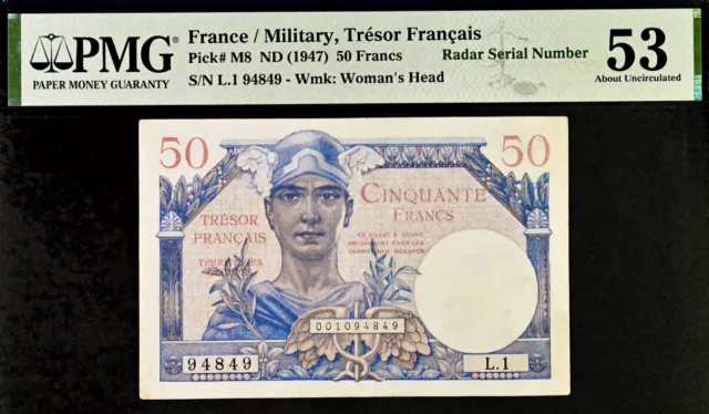 France/Military Tresor Francais 10 France Pick#M8 PMG 53 About Unc Banknote