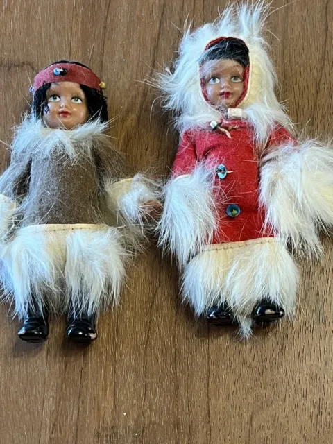 Vintage Eskimo Dolls Miniature Real Fur Loose Arms Collectible Unmarked