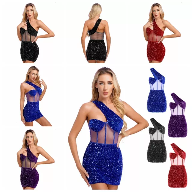 Sexy Damen Glitzer Pailletten Netz Patchwork eine Schulter Nachtclub Party Minikleid 3