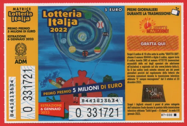 Lotteria Italia 2022 Raro Matrice E Gratta E Vinci 87- 000 Tenuto Perfettamente