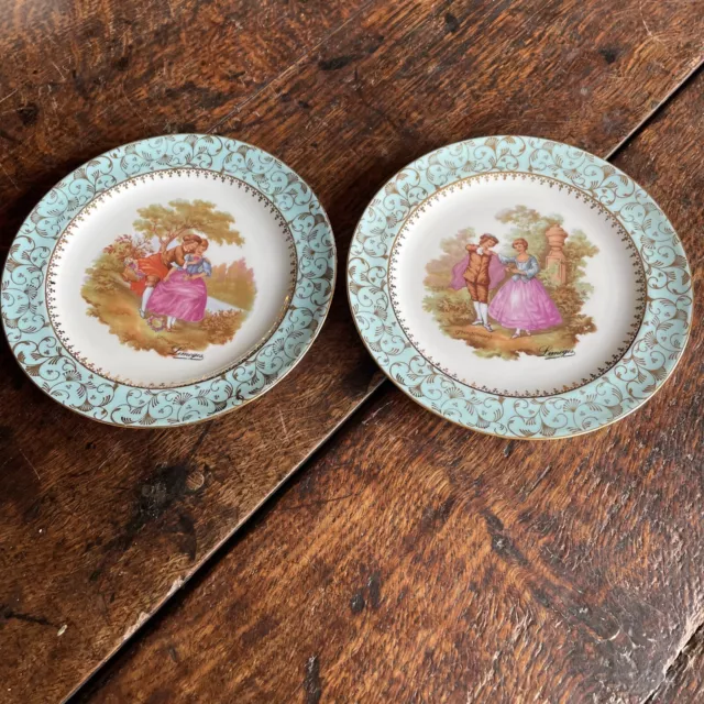 Limoges Pair porcelain courting couples decorative side plates 19 cm Diam