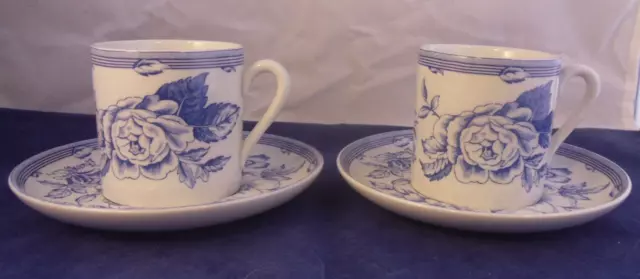 Pair Laura Ashley Clifton Expresso Cups & Saucers. Spode Demitasse Blue Floral