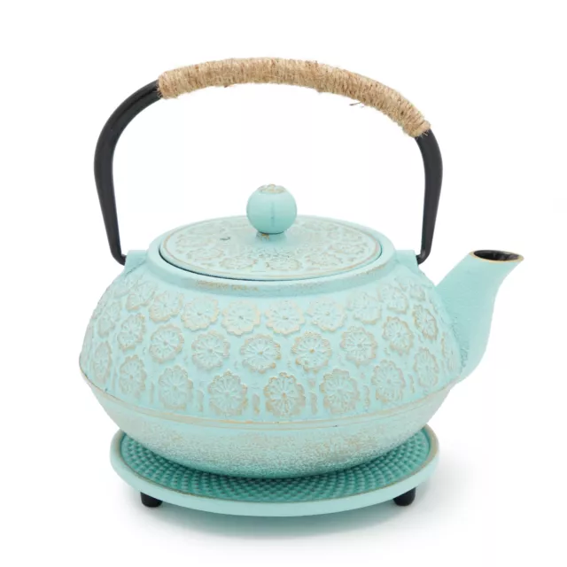 Cast Iron Tea Kettle, Light Blue Floral Teapot with Infuser and Trivet (27 oz)