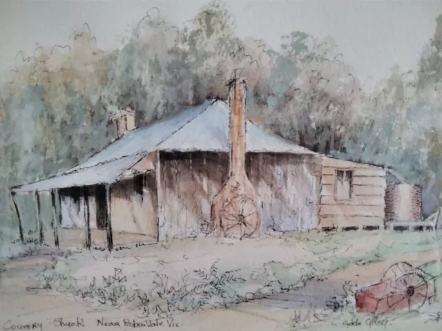 Adele Grey Framed Original Ink & Watercolour Country Shack VIC Australian Artist