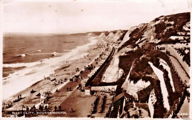 Bournemouth Dorset Postcard 1950 Real Photo West Cliff Promenade Beach Huts