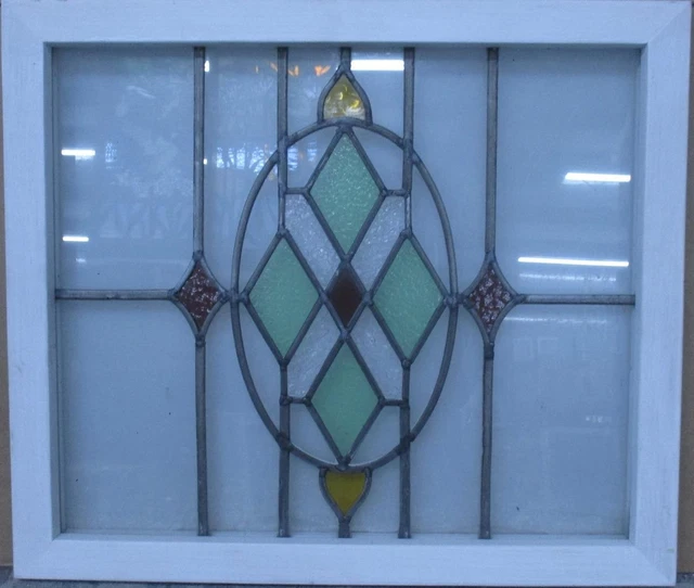 MIDSIZE OLD ENGLISH LEADED STAINED GLASS WINDOW Cute Diamonds 23.5" x 20.5"