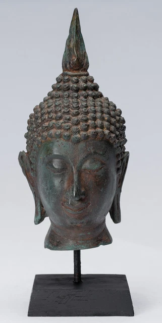 Buddha Head - Antique Thai Style Sukhothai Mounted Bronze Buddha Head - 22cm/9"