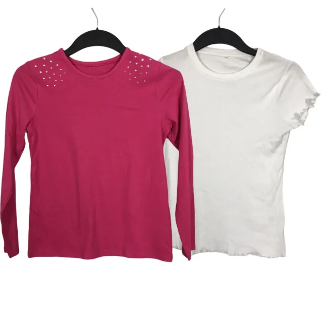 Maglietta George Girls e pacchetto top a maniche lunghe 1 a costine bianche 1 rosa età 9-10