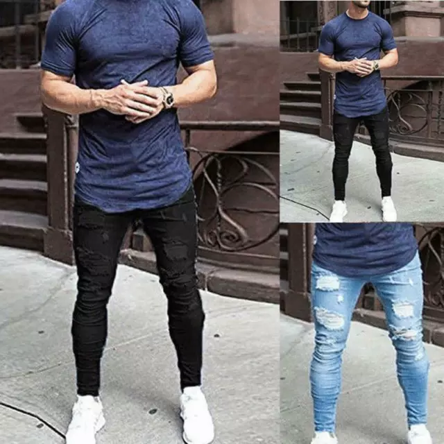 Mens Ripped Distressed Denim Pants Jeans Skinny Slim Fit Stretch Biker Trousers