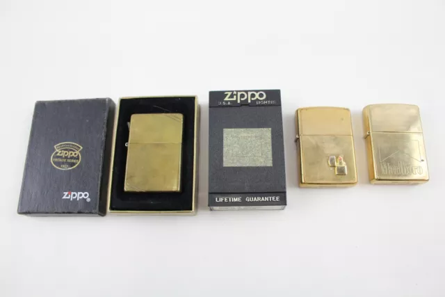 Zippo Lighters 1999 Brass Marlboro 1996 Brass Vintage Series & 1992 Brass Emblem