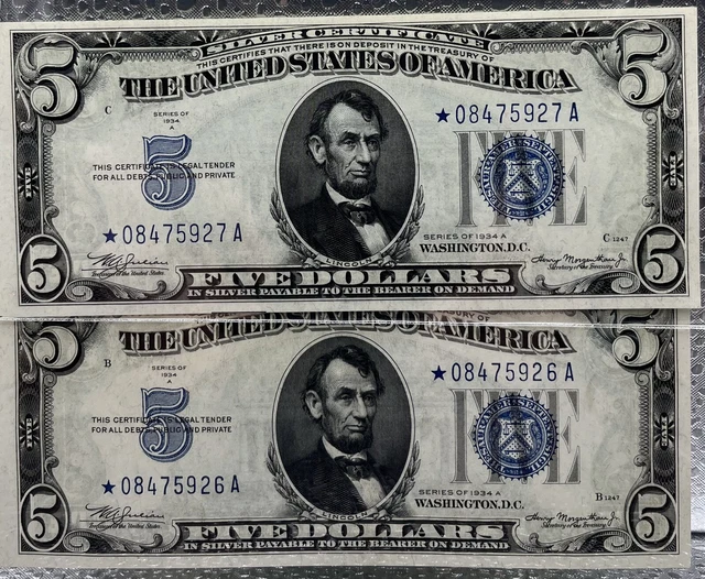 $5  1934 A. 2- consective Star Note Silver Certificates  Crisp Notes