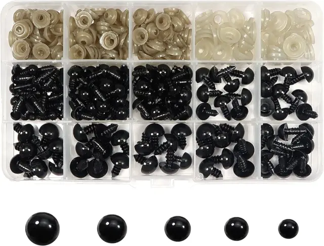 150Pcs Black Plastic Safety Eyes with Washers 6Mm 8Mm 9Mm 10Mm 12Mm Craft Doll E