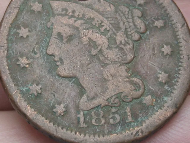 1851 Braided Hair Large Cent Penny, Fine Details